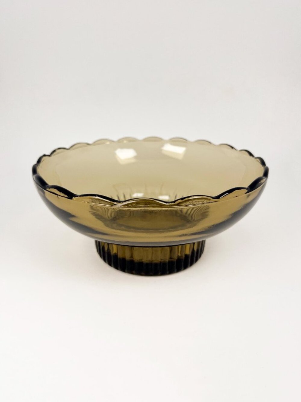 Vintage E.O Brody smokey pedestal bowl with scalloped edge